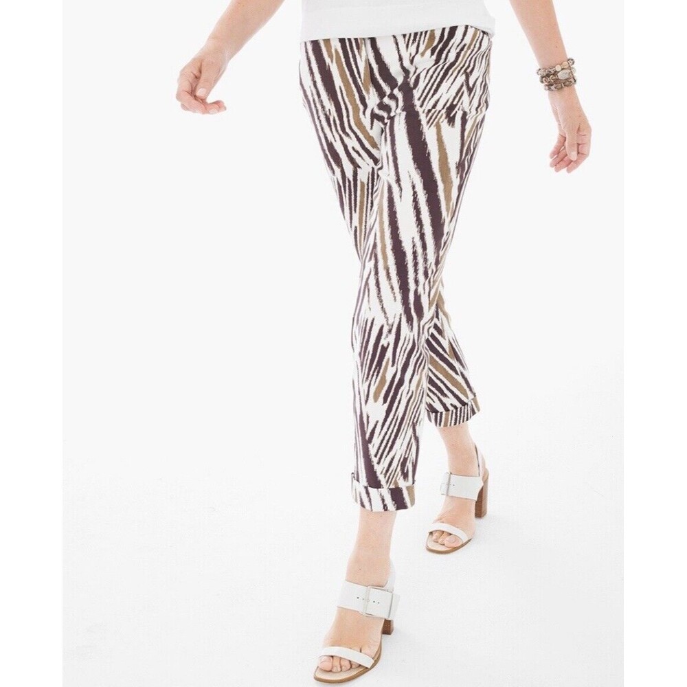 Chico's So Slimming Cropped Pants Women's 3 (XL / 16)  White Brown Print Stretch
